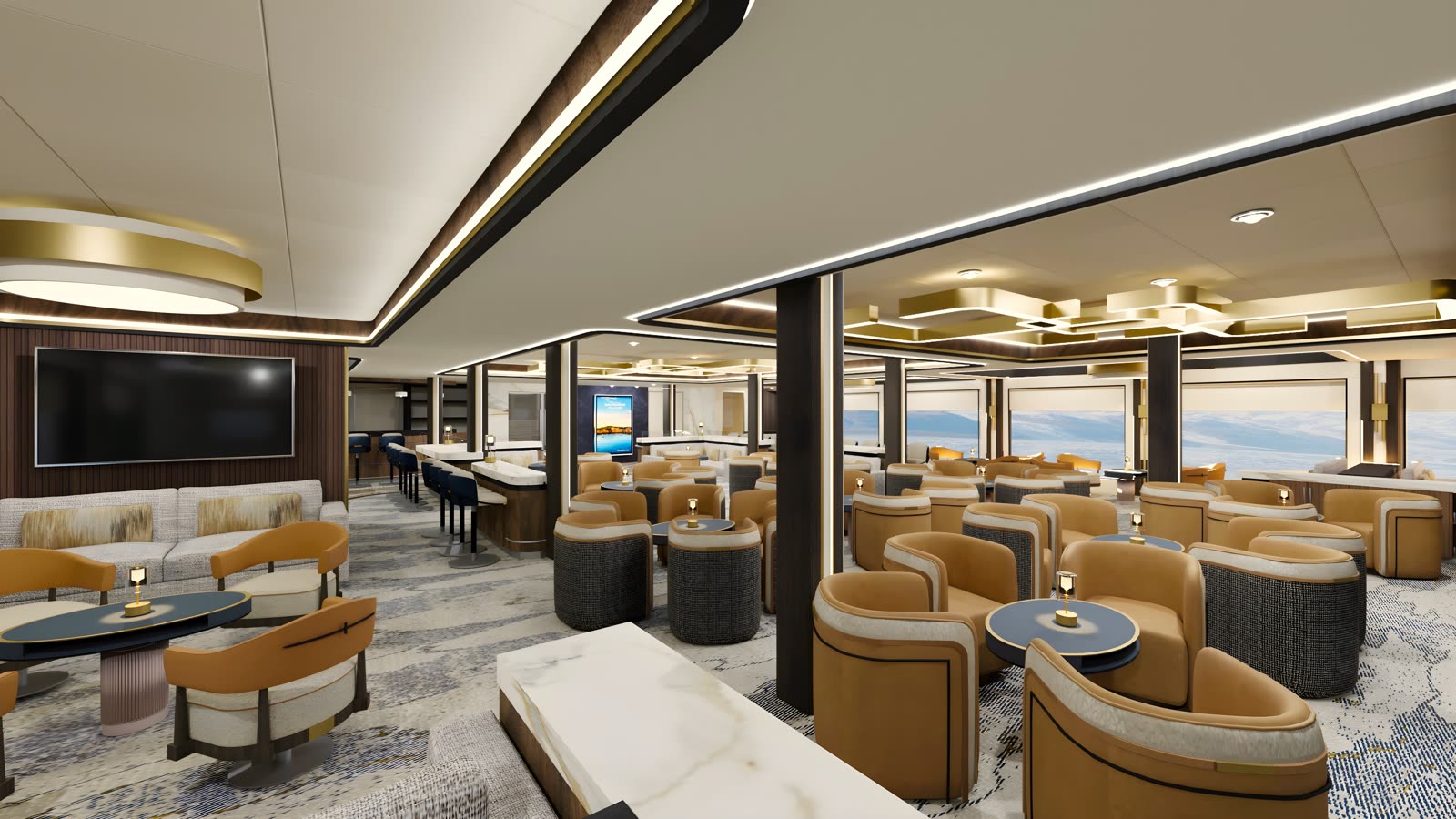 Lounge & Bar — Lounge mit warmem Licht, direkt an der Observation Lounge