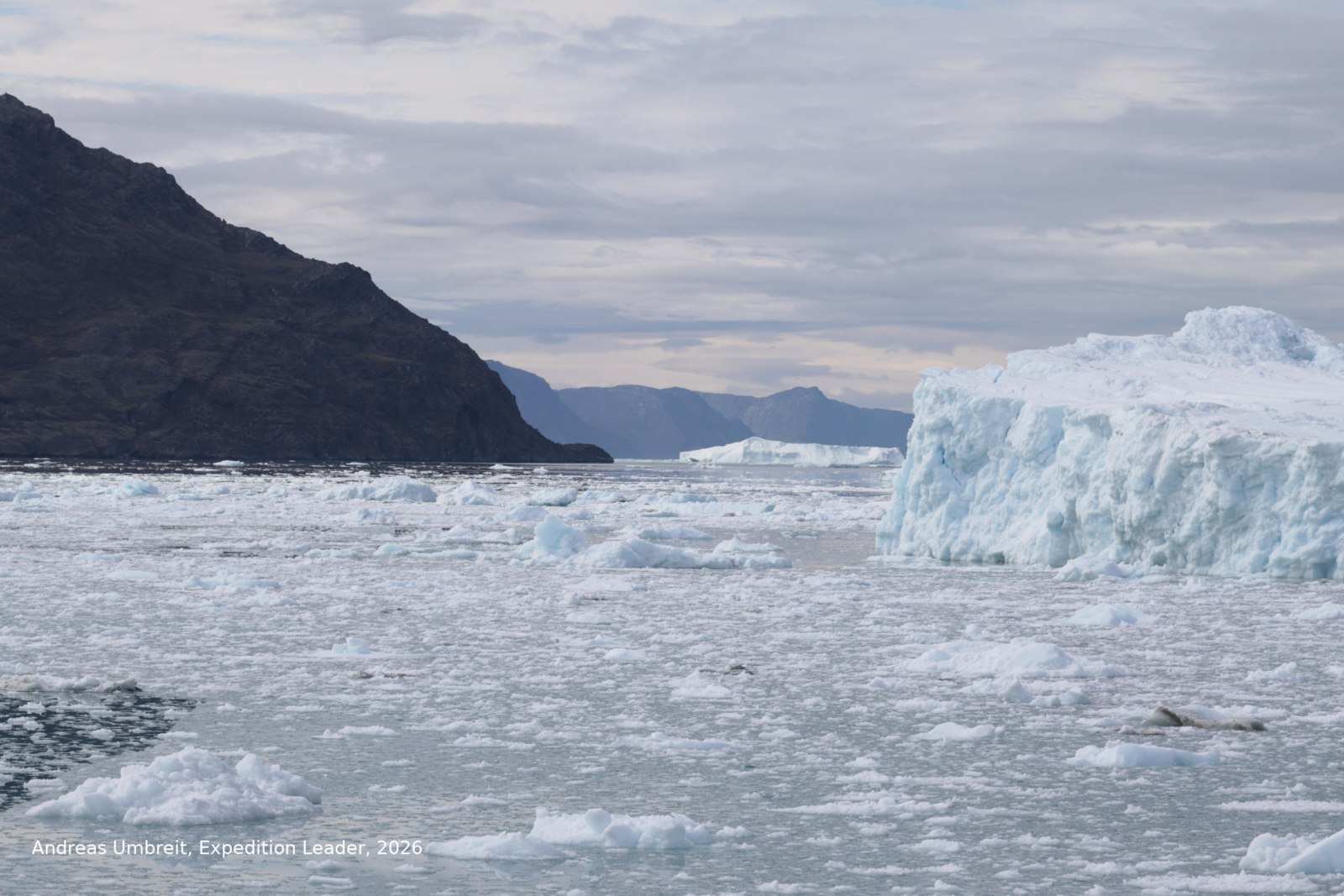 Rückblick über Eisberge auf das Kap, an dem die CAPE RACE im zweiten Anlauf umkehren musste