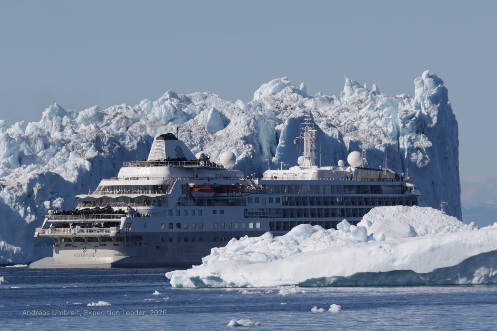 Großes Kreuzfahrtschiff vor Ilulissat wirkt neben den Eisbergen aus dem Eisfjord klein