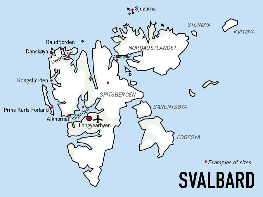 Karte des Svalbard-Archipels mit Spitsbergen, Nordaustlandet, Edgeøya, Barentsøya und Longyearbyen