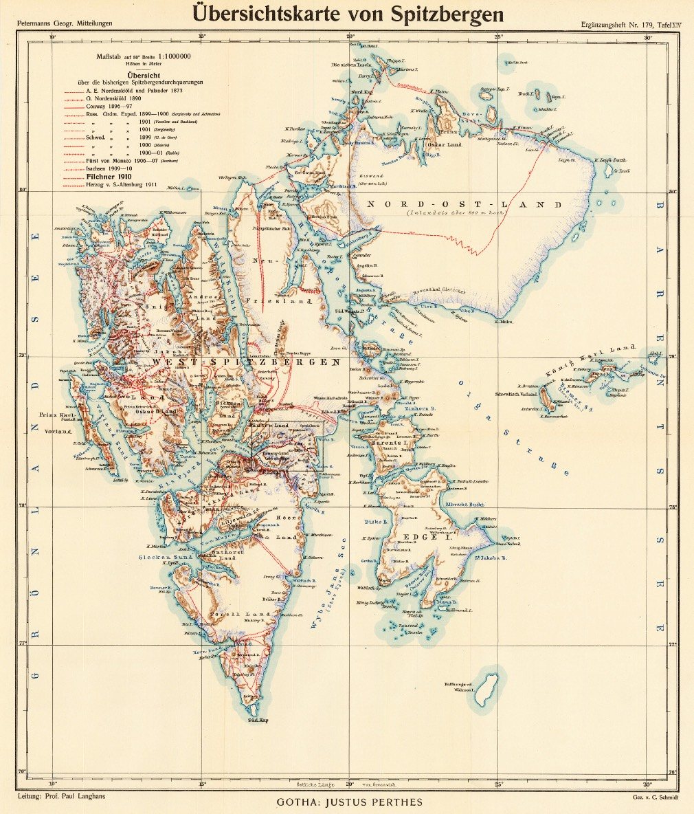 Historische Übersichtskarte von Spitzbergen mit eingezeichneter Route